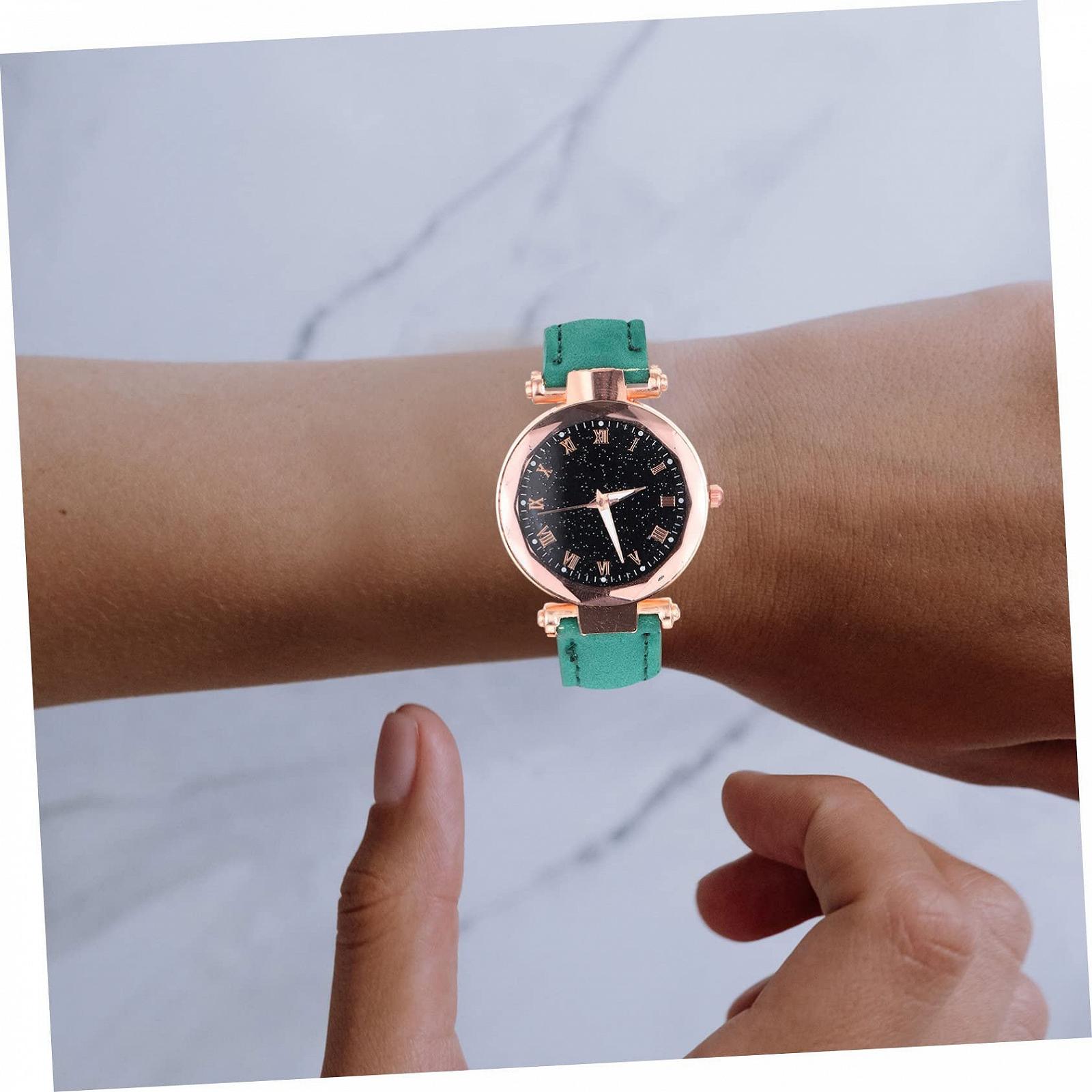 Женские часы PartyKindom с зелеными римскими цифрами, регулируемый кожаный ремешок, фото №3