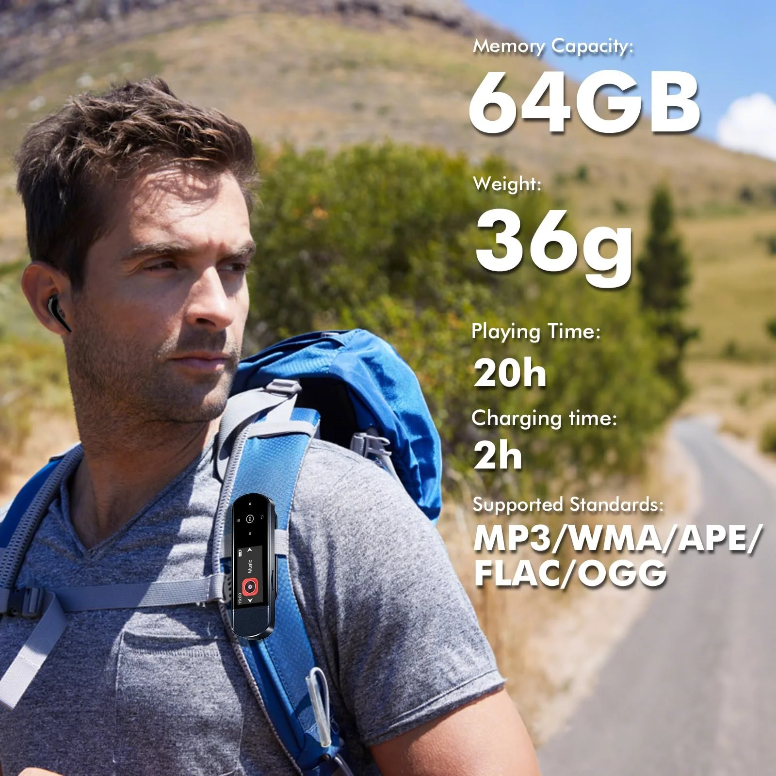 MP3-плеєр USB портативний 64 GB Bluetooth 5.3, з кліпсою для спорту та бігу, FM-радіо, диктофон, передача файлів з мобільного телефону та цифрове аудіо у випадковому порядку, фото №6