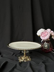 Тортовниця, блюдо з порцеляни з золотою оконтовкою на золотій ніжці 27 см. - Фото 1