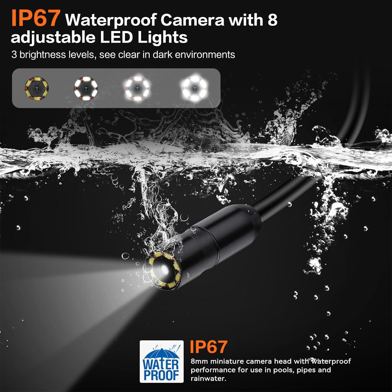 Эндоскоп Камера с 4.3" IPS Экраном 1080P HD Гибкая Жесткая Змеиная Камера для Инспекций с 8 LED Лампами IP67 Водонепроницаемая Дренажная Камера 50ft Гибкая Эндоскопическая Камера, фото №5