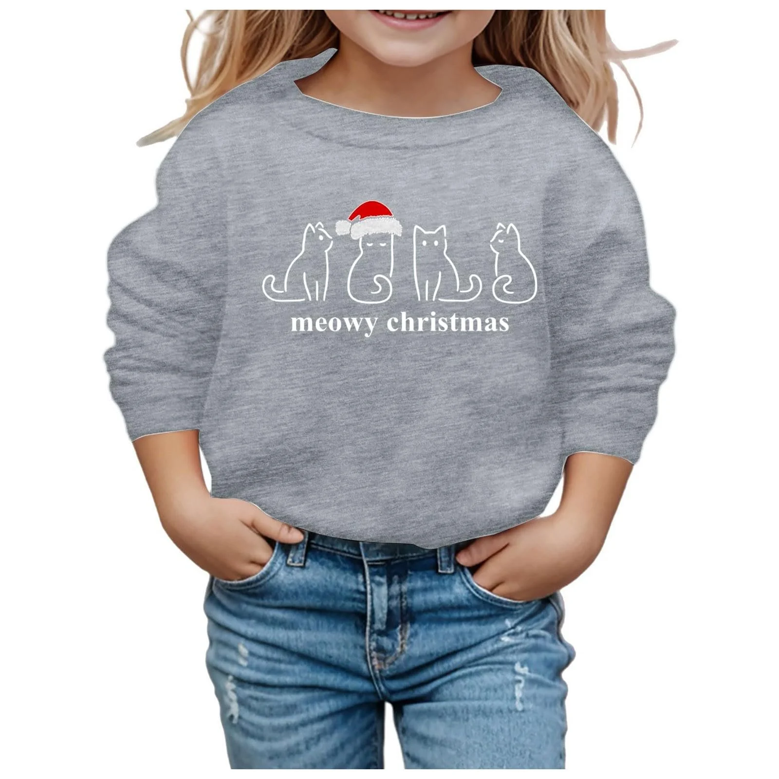 Рождественский джемпер для котов Детский джемпер Рождественский хлопковый топ с длинными рукавами Рождественские свитшоты с кошачьим принтом Рождественский смешной уродливый рождественский свитер Рождественский свитшот для девочек, фото №1