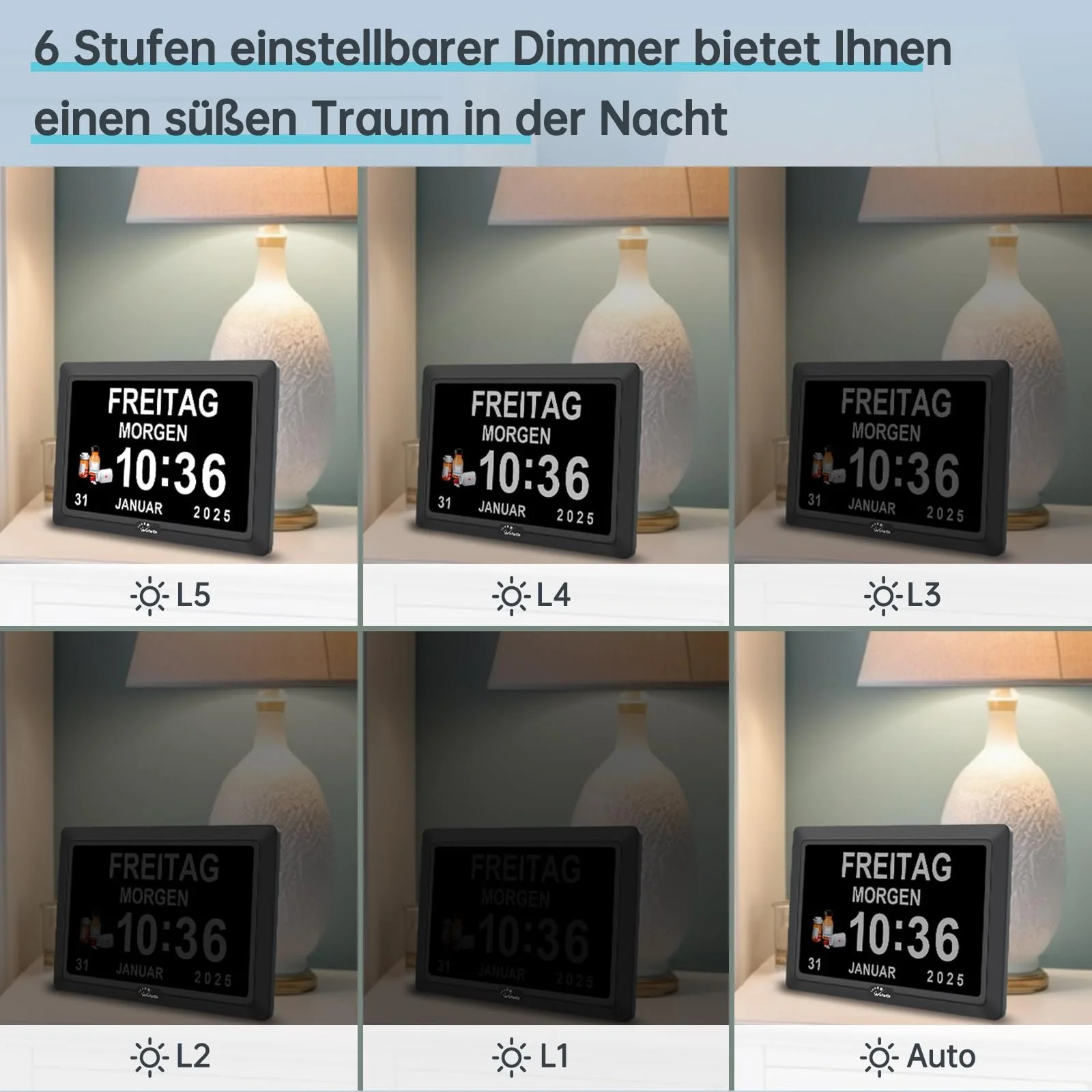 Цифровые часы WallarGe для людей с деменцией, большой дисплей, электронные, календарь с датой и днем недели, 20 напоминаний, 3 мелодии звонка, 10 уровней громкости, автоматический переход на летнее время (7 дюймов, черный), фото №7 Цифровые часы WallarGe для людей с деменцией, большой дисплей, электронные, календарь с датой и днем недели, 20 напоминаний, 3 мелодии звонка, 10 уровней громкости, автоматический переход на летнее время (7 дюймов, черный), фото №7