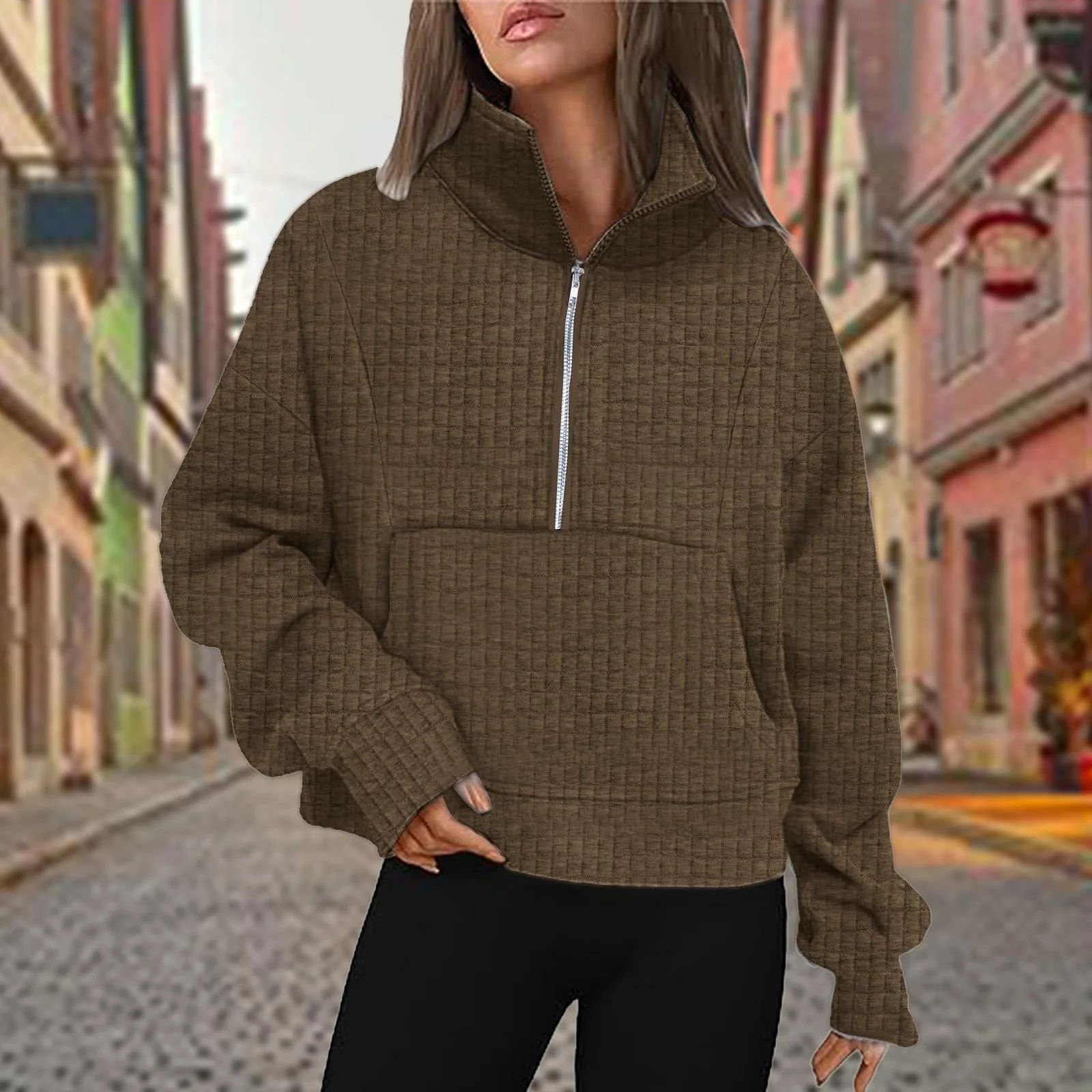 Укороченный свитшот Женский, на молнии, вафельный узор, милый, свободный крой, воротник, осенние худи 2025, спортивная одежда, фото №3 Укороченный свитшот Женский, на молнии, вафельный узор, милый, свободный крой, воротник, осенние худи 2025, спортивная одежда, фото №3