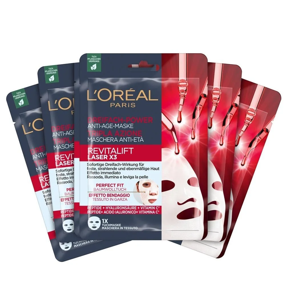 Тканевая маска L'Oréal Paris RevitaLift Laser X3 Anti-Ageing с тройным действием для женщин: для упругой, сияющей и ровной кожи с про-ретинолом, витамином C и гиалуроновой кислотой, набор из 5 штук, фото №1