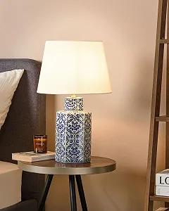 Настільна лампа Beliani Marcelin Порцеляна Форма вази Тканинний конус Blue/White synthetic.ua - Фото 1