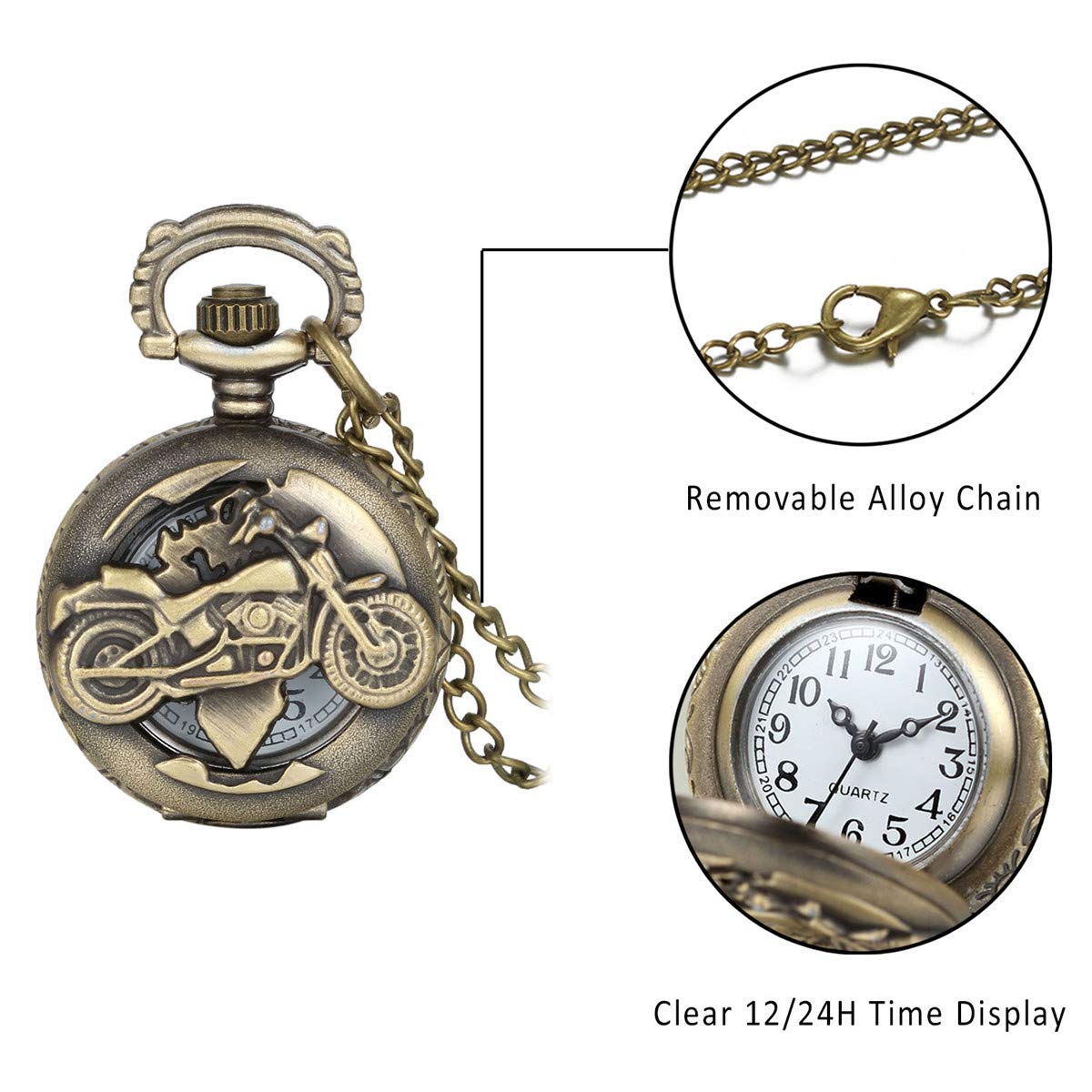Карманные часы JewelryWe Кварцевый Маленький (Полый) Круглый Ожерелье Мотоцикл Стильный Байкер Алюминий Модные Украшения, фото №4