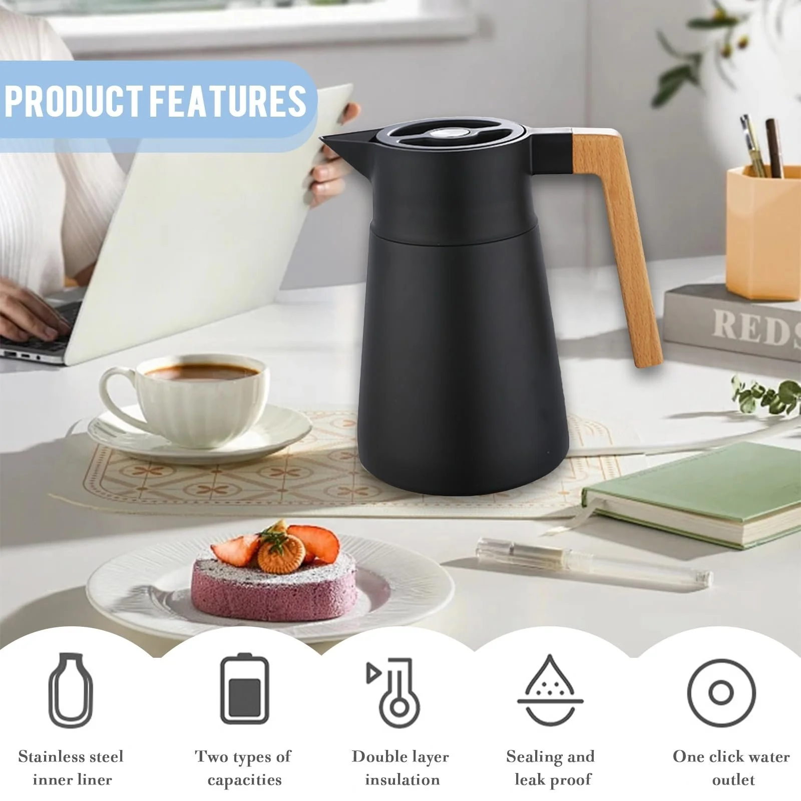 Термос Кавник Thermos Нержавіюча сталь 18/10, Вакуумна ізоляція, з дерев'яною ручкою, 2 л, фото №4