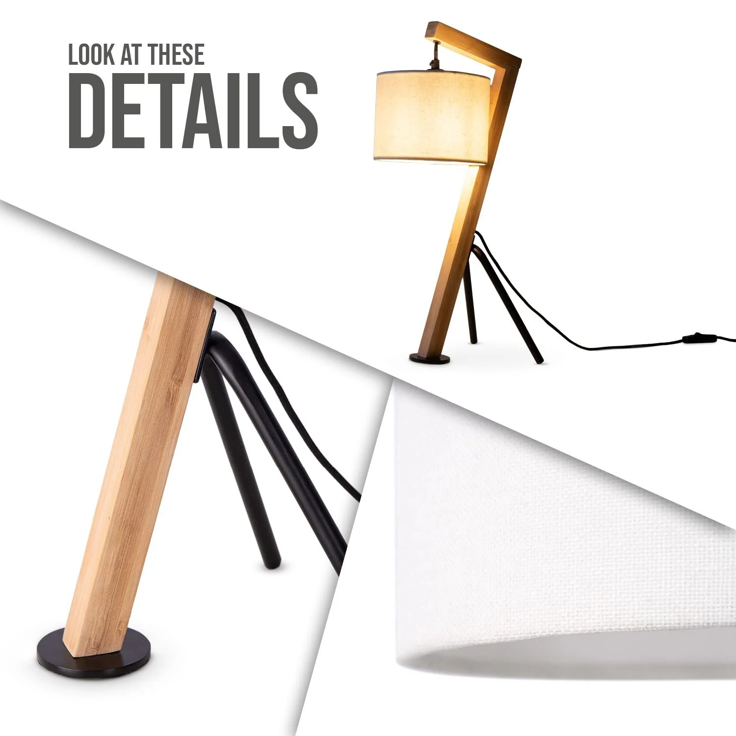 Настільна лампа Paco Home ретро E27 дерев'яна з тканинним абажуром сірий/білий, фото №5