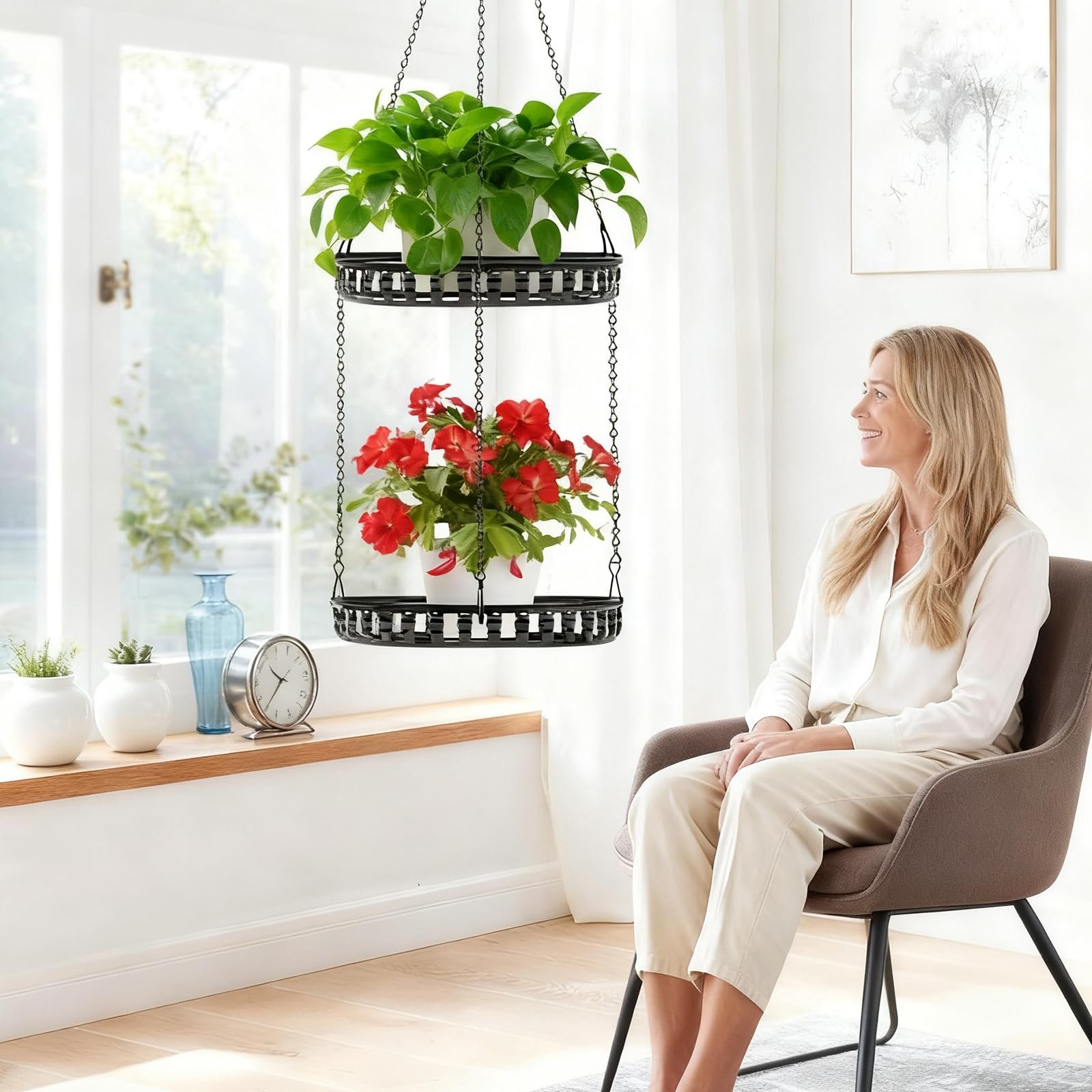 Підвісний кошик Двошаровий з чорного металу для рослин у приміщенні та на вулиці, фото №6