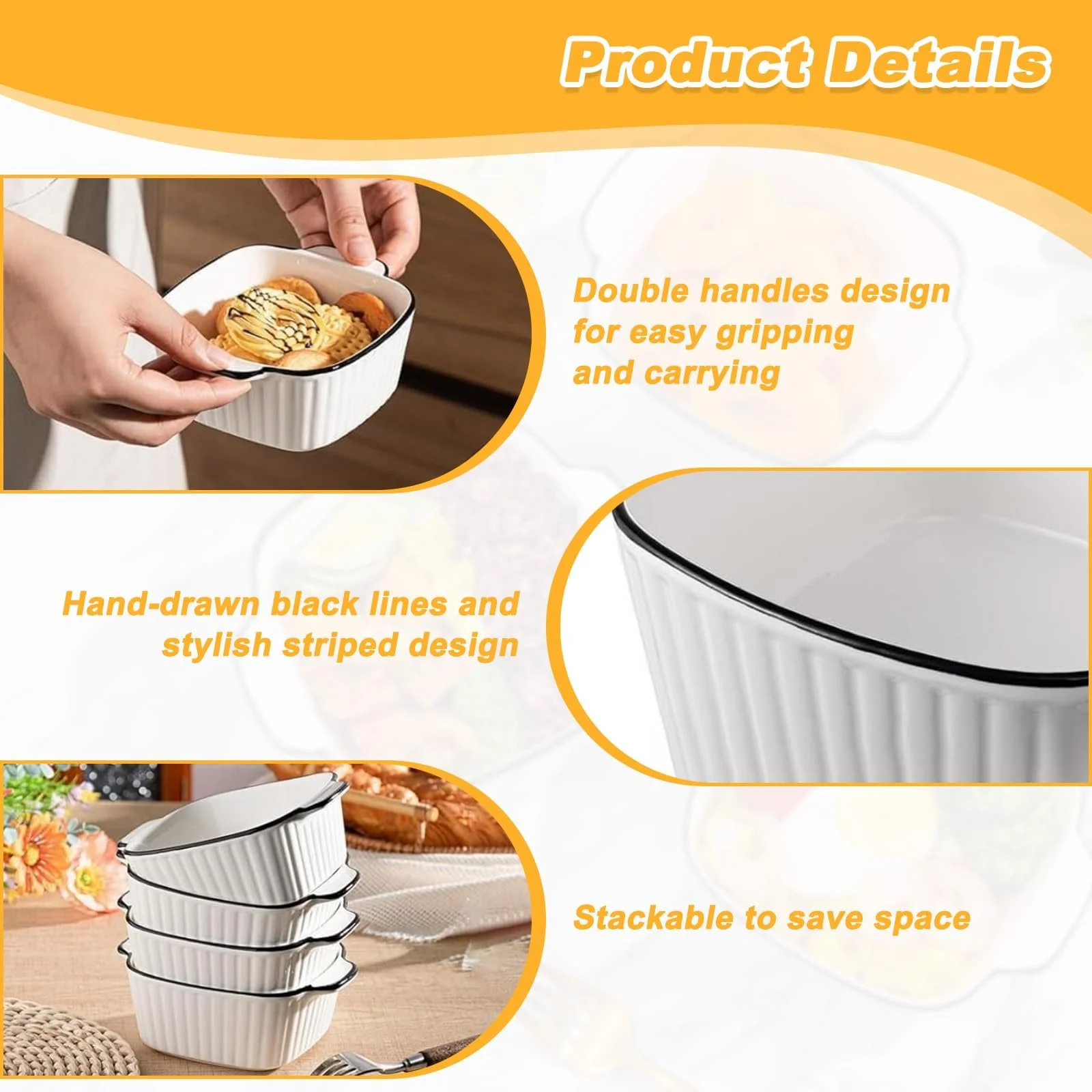 Набор мини-форм для запекания керамические 4 штуки квадратные с ручками штабелируемые белые, фото №3 Набор мини-форм для запекания керамические 4 штуки квадратные с ручками штабелируемые белые, фото №3