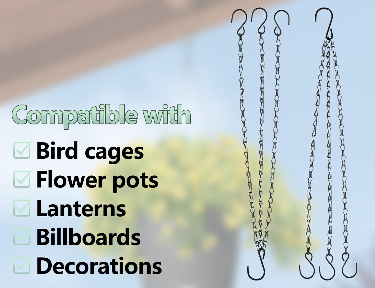 Набор цепочек для подвесных корзин Металлические трехпроводные с S-образными крючками, 2 шт., 32 см, Черный, фото №7