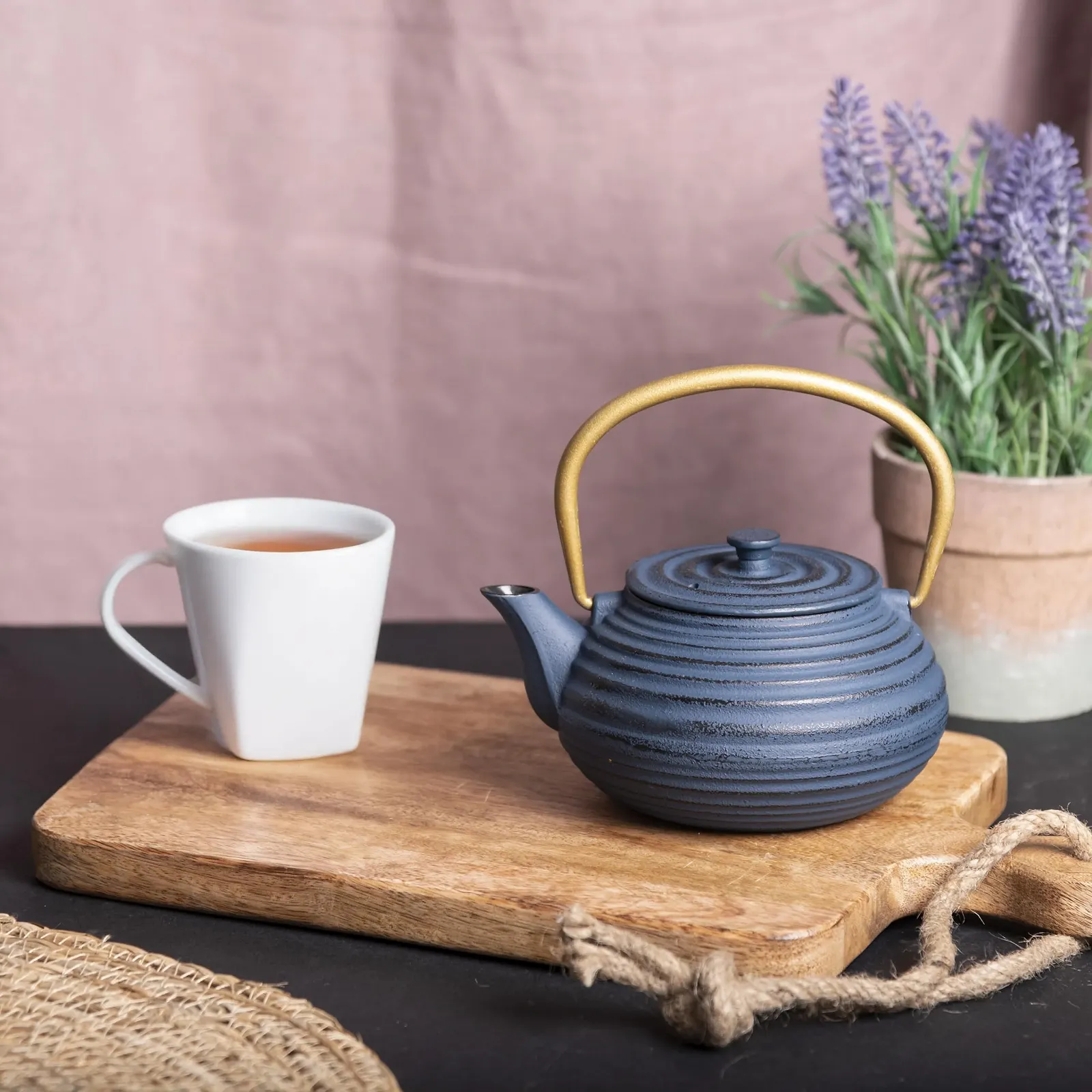 Чайник-заварник Чавунний Зі Складною Ручкою Фільтр з нержавіючої сталі 600 мл Синій, фото №4