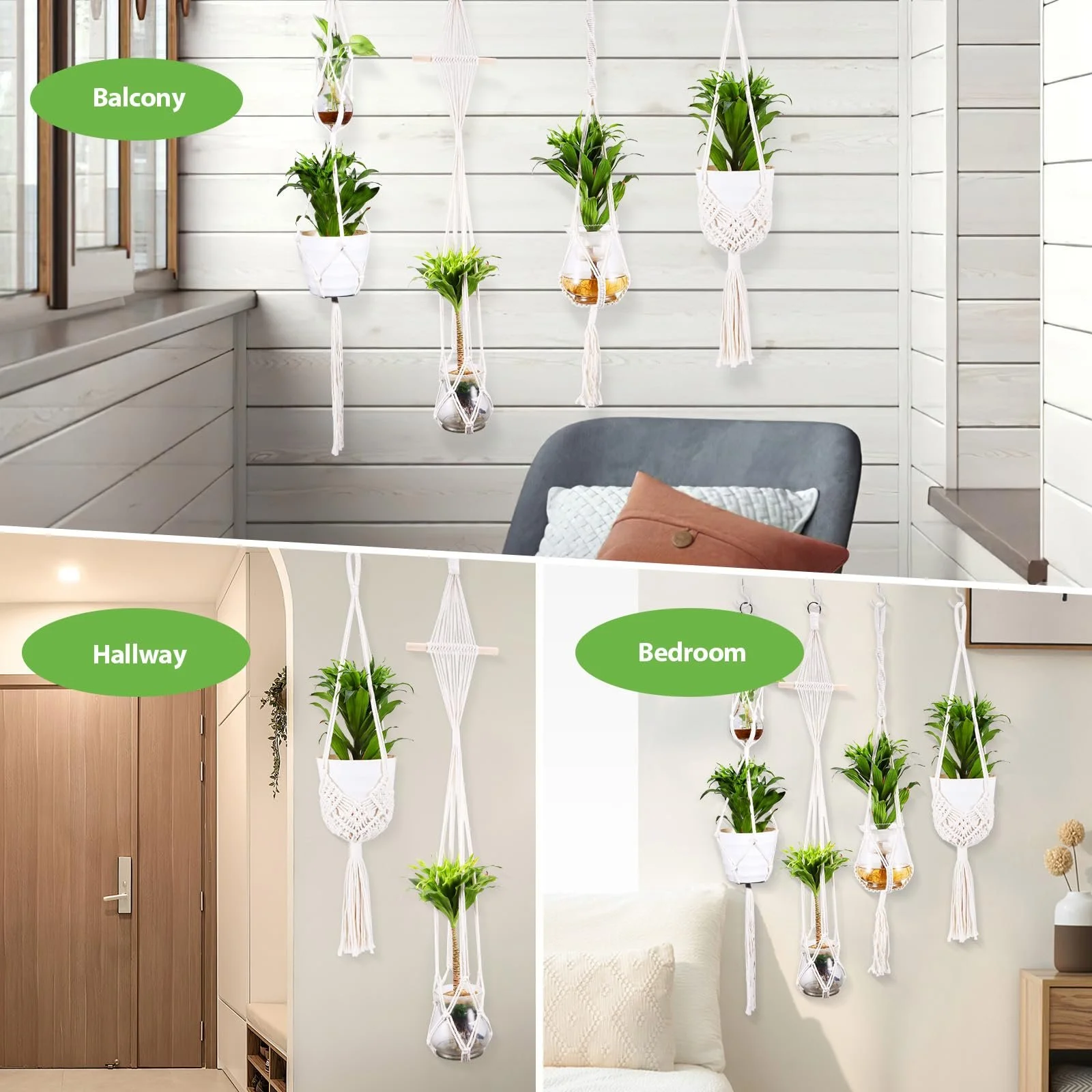 Набор подвесных корзин 4 шт. плетеных из хлопковой веревки в стиле бохо с крючками, фото №9