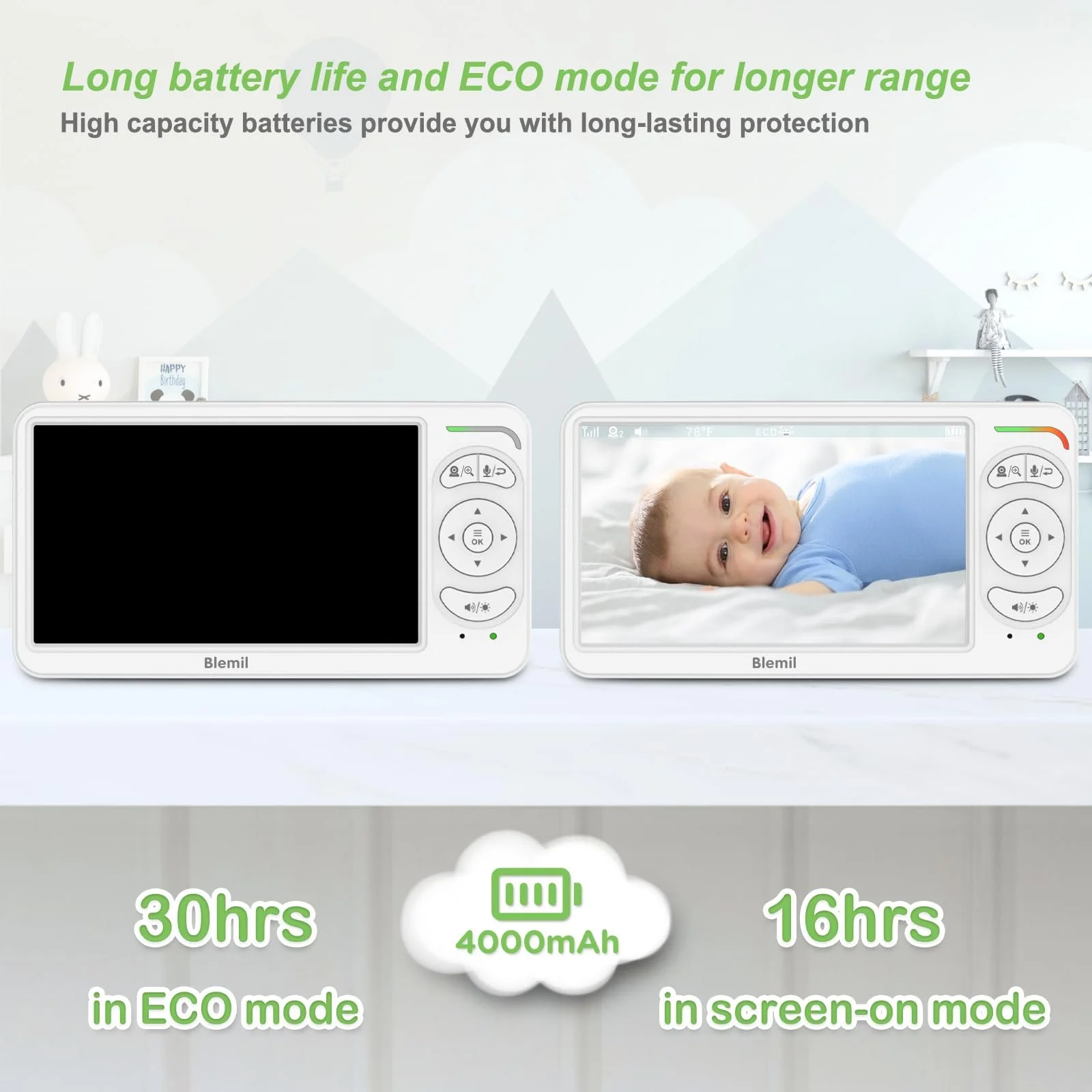 Відеоняня Blemil 6 дюймів IPS без WiFi 4000 mAh Eco Mode Нічне бачення Двосторонній аудіозв'язок 300 м Детекція плачу, фото №3 Відеоняня Blemil 6 дюймів IPS без WiFi 4000 mAh Eco Mode Нічне бачення Двосторонній аудіозв'язок 300 м Детекція плачу, фото №3