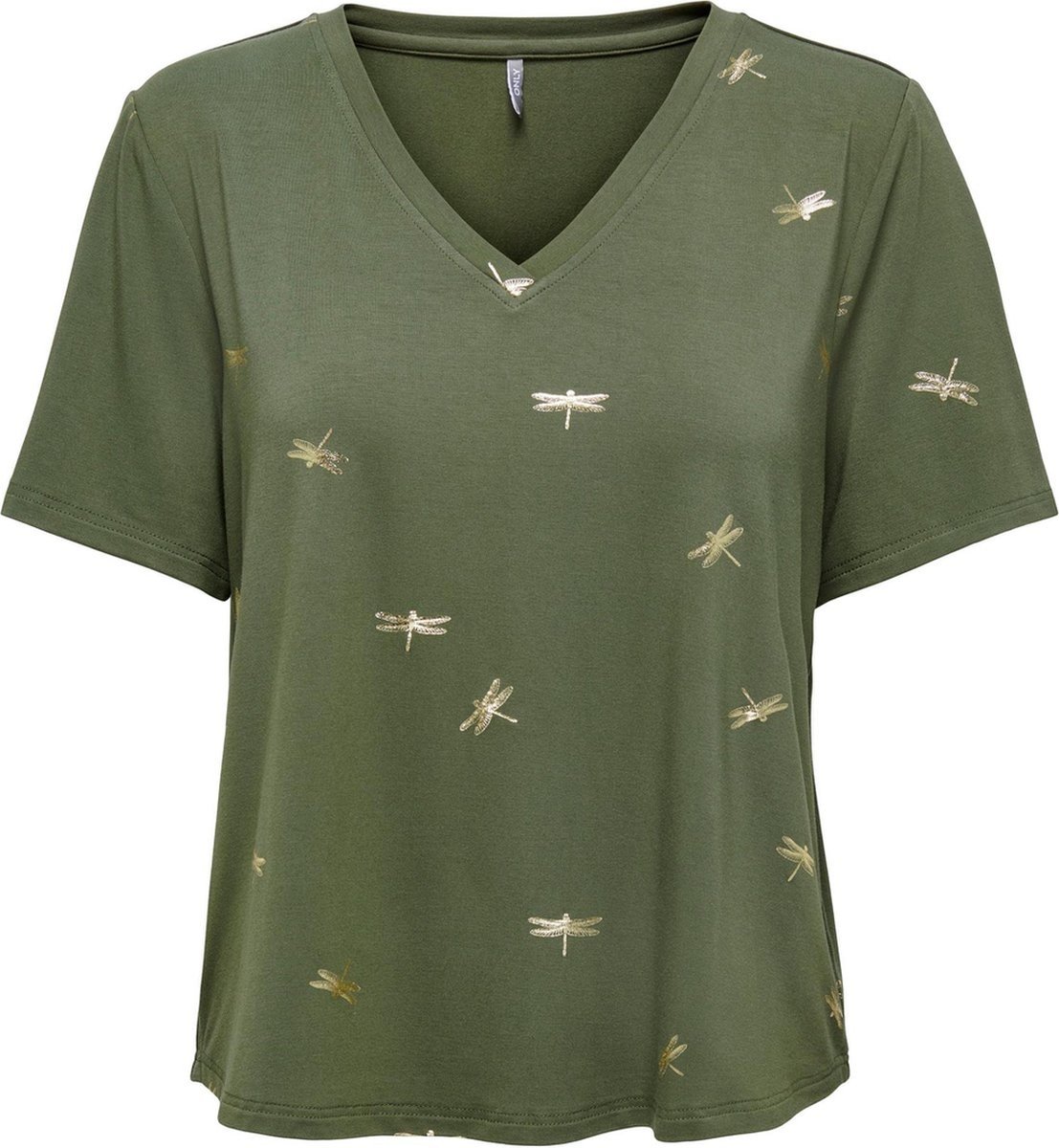Футболка ONLFLORA FOIL TOP JRS 15273576-Olive Night-Detail:Gun metal foil ONLY Хакі S, фото №1