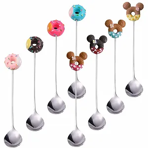 Набор из 8 десертных ложек Donuts and Mickey Mouse Shape из нержавеющей стали для фруктов, тортов, салатов, кофе, горячих напитков, мороженого - Фото 1
