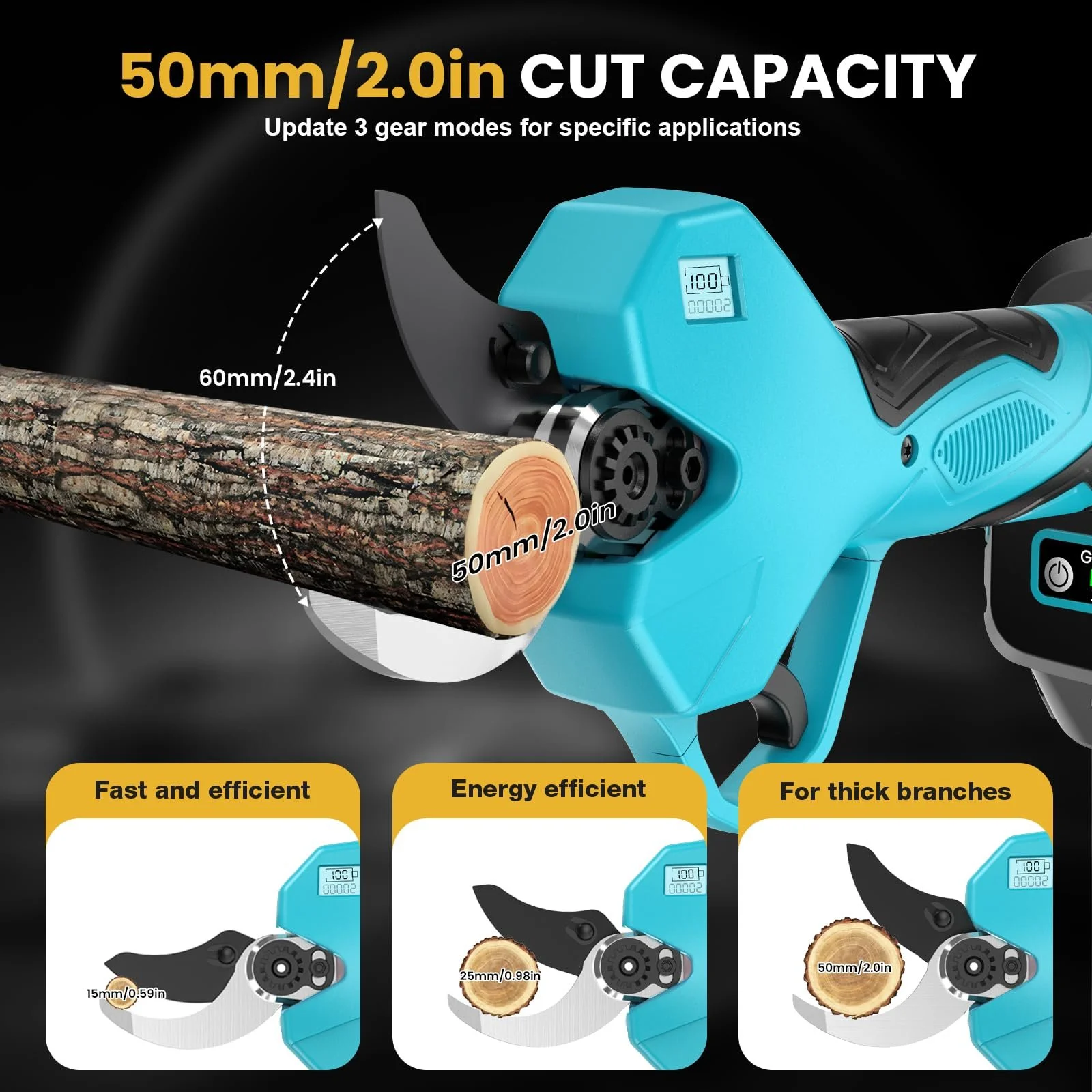 Електричні секатори з штангою 200 см, акумуляторні, 50 мм, леза SK7, 4000 mAh, фото №3