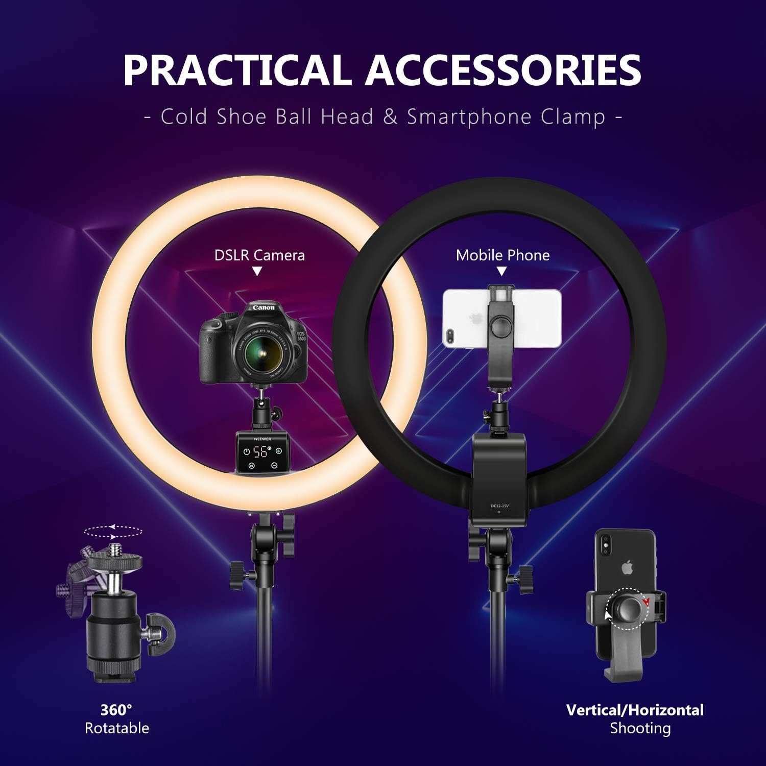 Кільцева лампа Neewer SRP18-2.4G / 18 дюймів / CRI 95+ / Сенсорне та ДУ керування / 3200-5600K / Чорна, фото №5