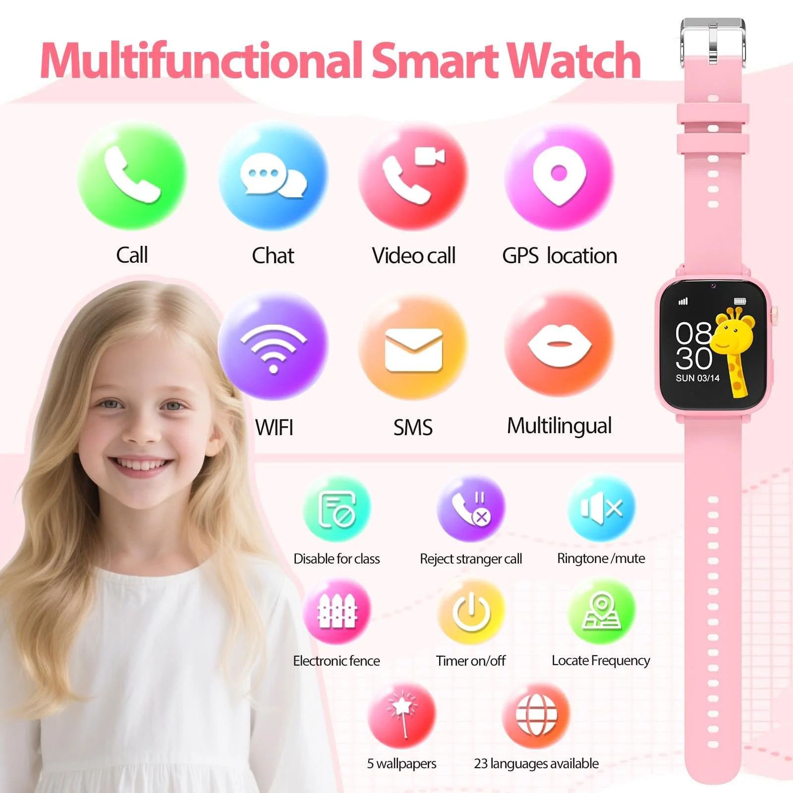 Детские часы 4G Alutoria с видеозвонком и телефоном, WiFi/GPS/LBS трекер/SMS, принимающий SOS, школьный режим, будильник, от 4 лет, Фуксия, фото №5