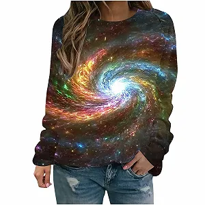 Лонгслив Komiseup Galaxy Женский, длинный рукав, круглый вырез, без капюшона, 3D принт галактики, свитер, модный, звездное небо, большие размеры, карнавальный костюм, подростковый, девичий, уличный стиль 04 - Фото 1