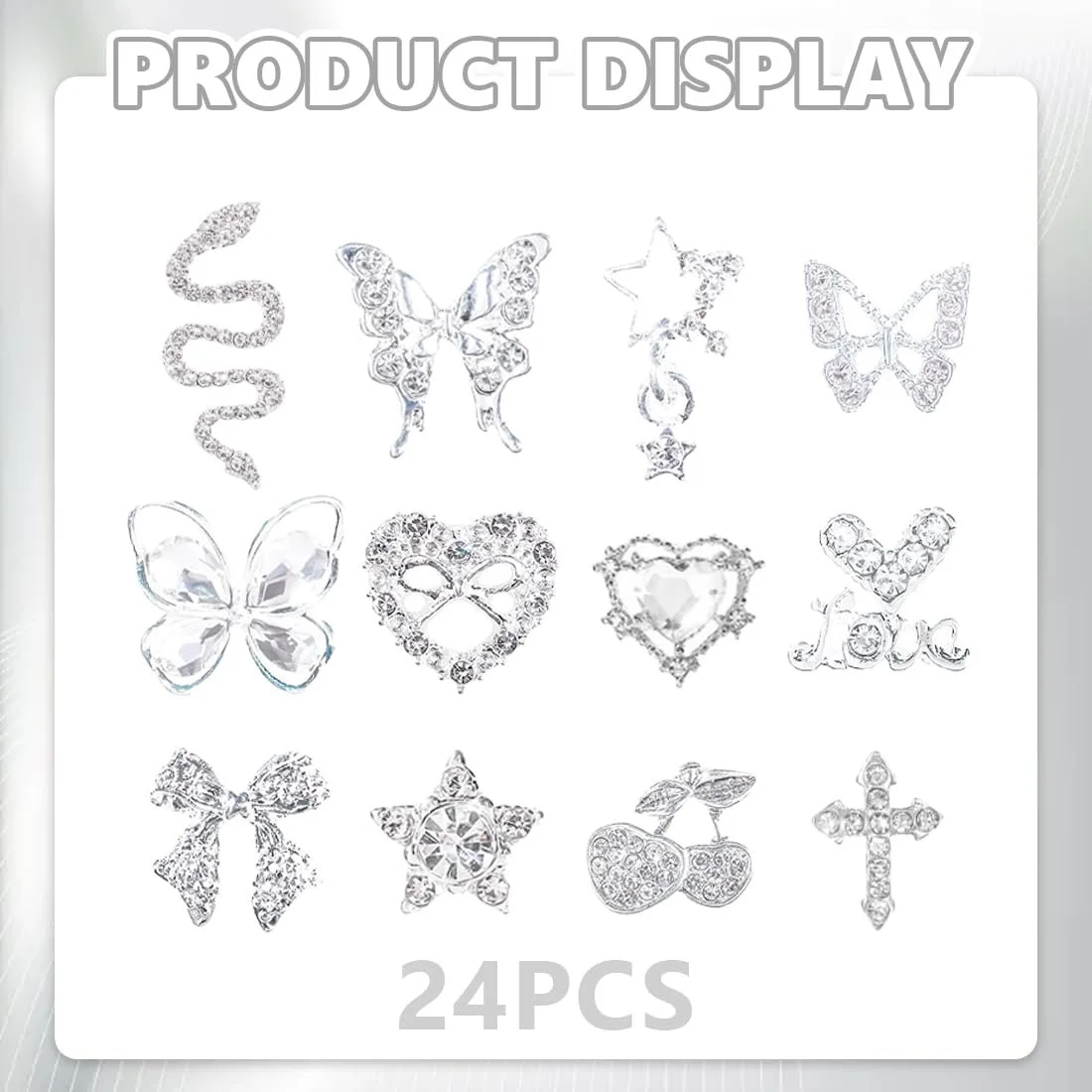 Набор аксессуаров для дизайна ногтей из сплава Y2K, 24 шт, серия Heart Butterfly Cross Snake, серебристые, фото №2
