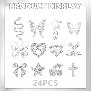 Набор аксессуаров для дизайна ногтей из сплава Y2K, 24 шт, серия Heart Butterfly Cross Snake, серебристые synthetic.ua - Фото 1