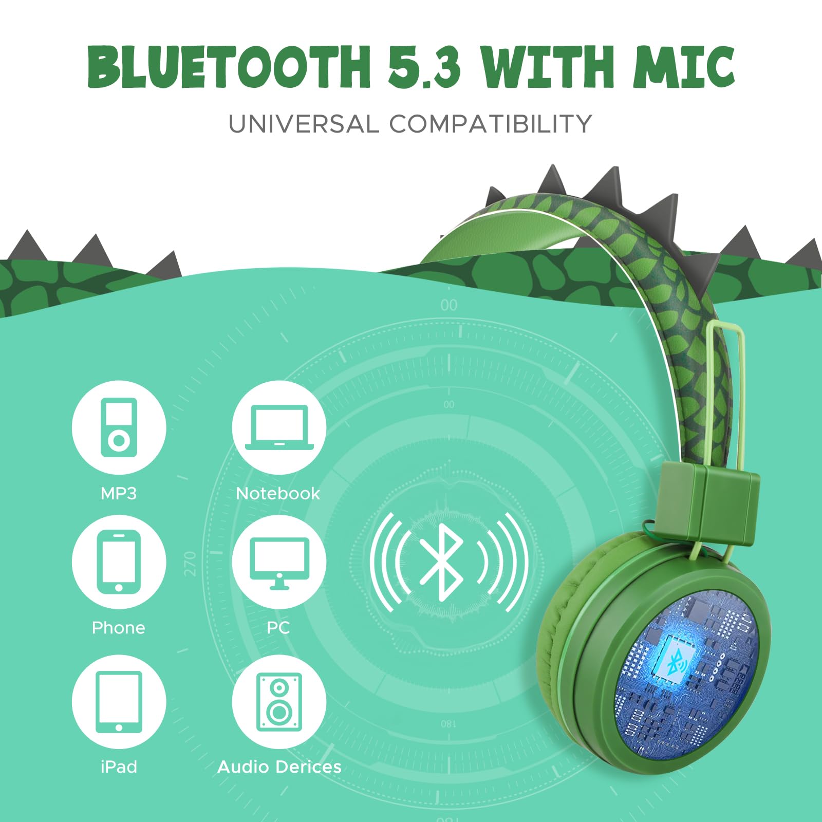Навушники JYPS Wireless Bluetooth Дитячі Котячі Ніжки/Динозаври Over-Ear з Кабелем 85 дБ 10 Годин Часу Відтворення, фото №5