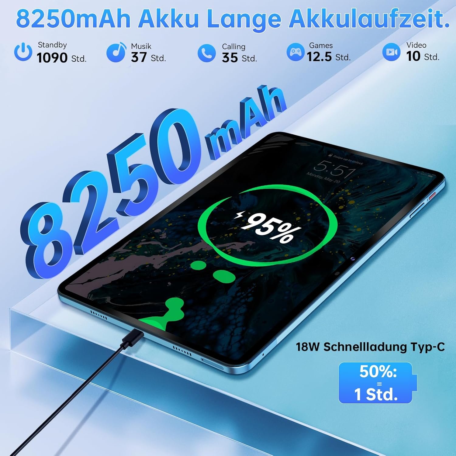Планшет 12" Full HD Oukitel OT5S 6/256Gb 4G 2-SIM 8 ядер Android 14 8250 mAh Голубой, фото №4