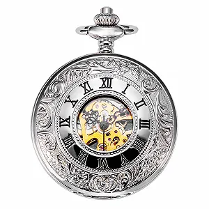 Карманные часы TREEWETO Унисекс с цепочкой Аналоговый Ручной завод Двойной шарнир Римские цифры Золотой/Серебряный synthetic.ua - Фото 1