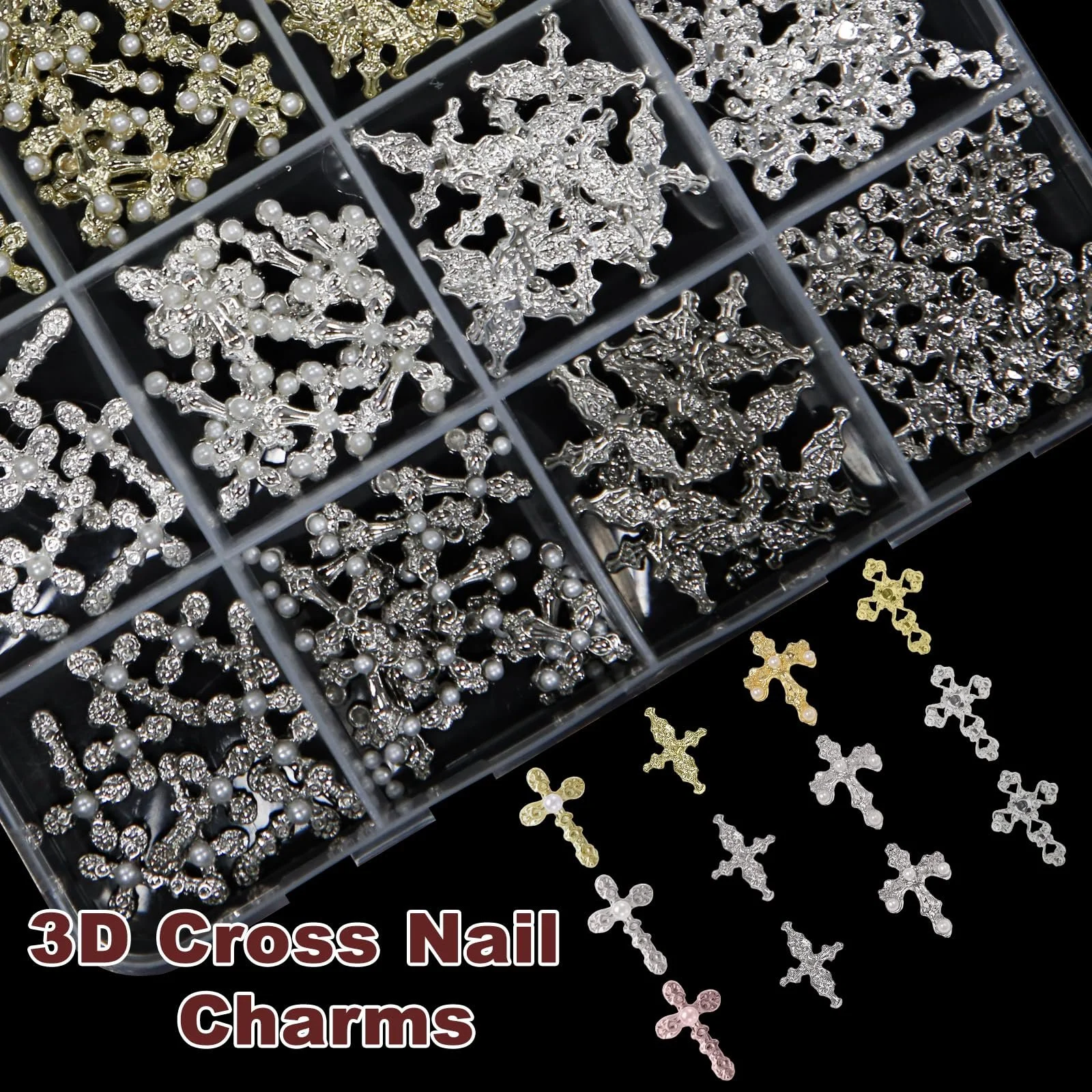3D Подвески для ногтей Крестики 120 шт., 12 отделений, металлические украшения для ногтей золото серебро черный, DIY аксессуары для профессионального маникюра для гель-лака, фото №4