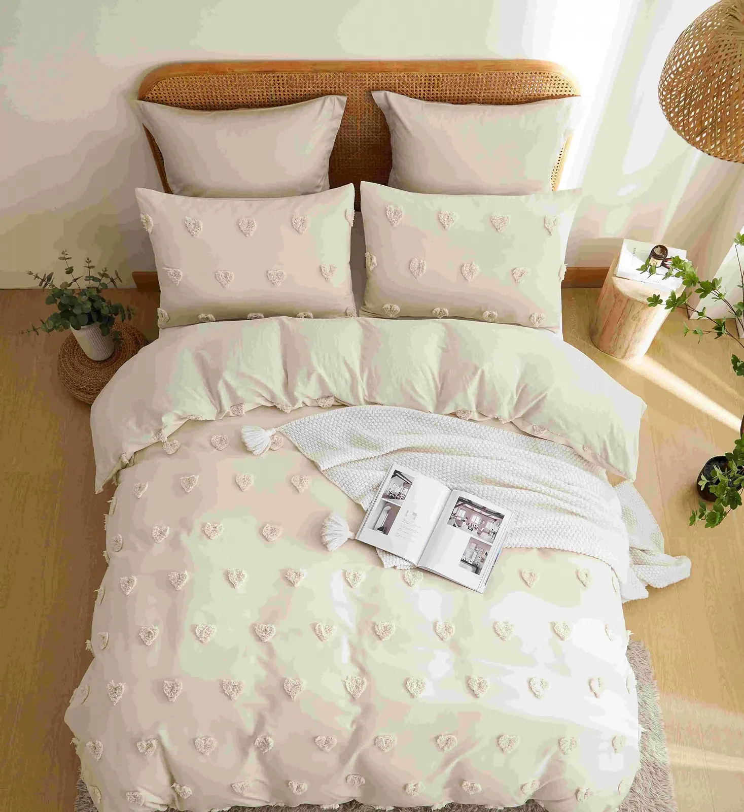 Комплект постільної білизни Freyamy Bohemian Tufted Heart 135 x 200 см + 80 x 80 см, 2 елементи, мікрофібра, на блискавці, бежевий, фото №3