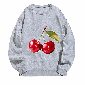 Пуловер Komiseup Oversized Y2K Лонгслив Базовый Круглый вырез Толстовка без капюшона Элегантный Однотонный Лонгшерт Модная Рубашка с принтом вишни Хлопковая Спортивная рубашка Подростковая Девочка Streetwear 08 - Фото 1