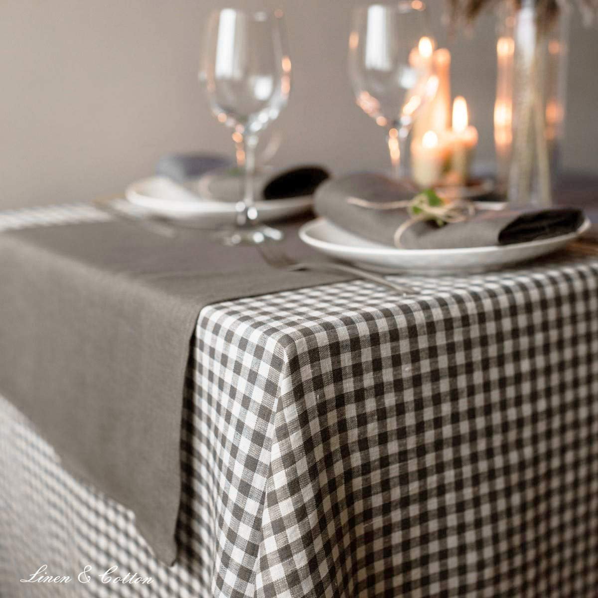 Скатертина Linen & Cotton Estella у клітинку 100% льон 80 x 80 см біло-сіра, фото №3