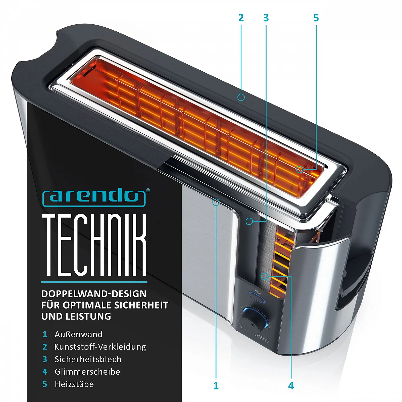 Тостер Arendo Frukost з довгим слотом, функцією розморожування, термоізольованим корпусом з подвійними стінками, автоматичним центруванням хліба, насадкою для булочок, висувним піддоном для крихт, сертифікований GS., фото №5