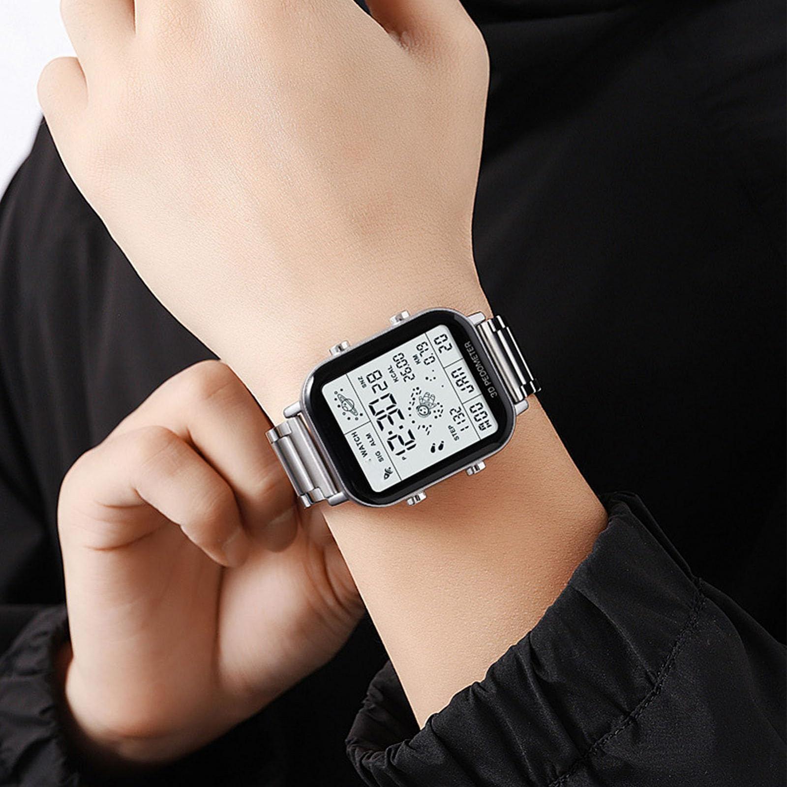 Мужские цифровые часы водонепроницаемые с стальным ремешком квадратный LED с подсветкой шагомер спортивные для наружного и внутреннего использования, фото №3 Мужские цифровые часы водонепроницаемые с стальным ремешком квадратный LED с подсветкой шагомер спортивные для наружного и внутреннего использования, фото №3