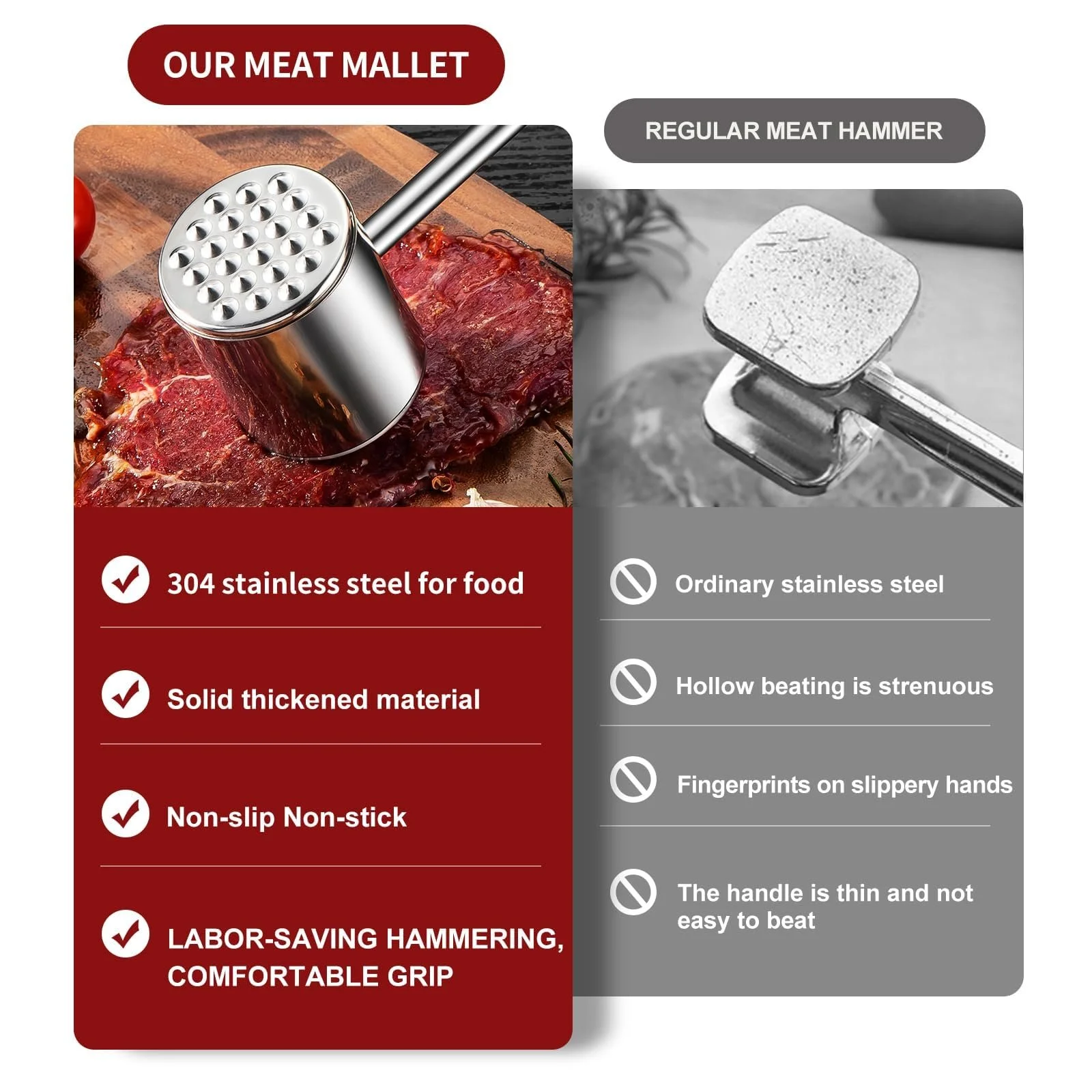 Молоток для мяса Stainless Steel 18/8 двухсторонний с эргономичной ручкой можно мыть в посудомоечной машине, фото №6 Молоток для мяса Stainless Steel 18/8 двухсторонний с эргономичной ручкой можно мыть в посудомоечной машине, фото №6