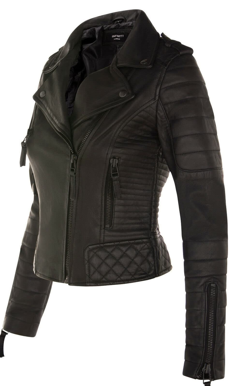 Кожаная Байкерская Куртка Infinity Leather Женская, стеганая, матовая черная, модная куртка из натуральной кожи ягненка наппа, фото №2