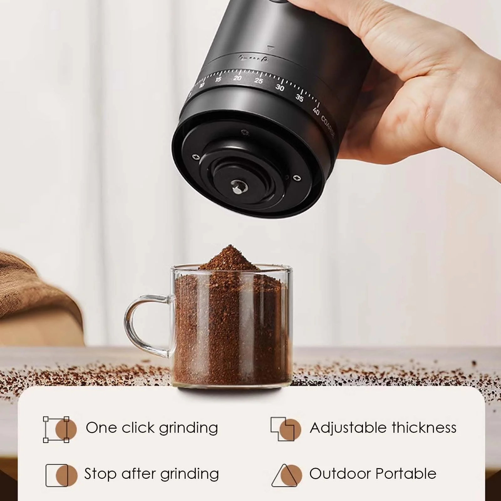 Електрична кавомолка USB акумуляторна з керамічним конусом, портативна з різними налаштуваннями помелу для подорожей, кемпінгу, офісу, еспресо, фото №3