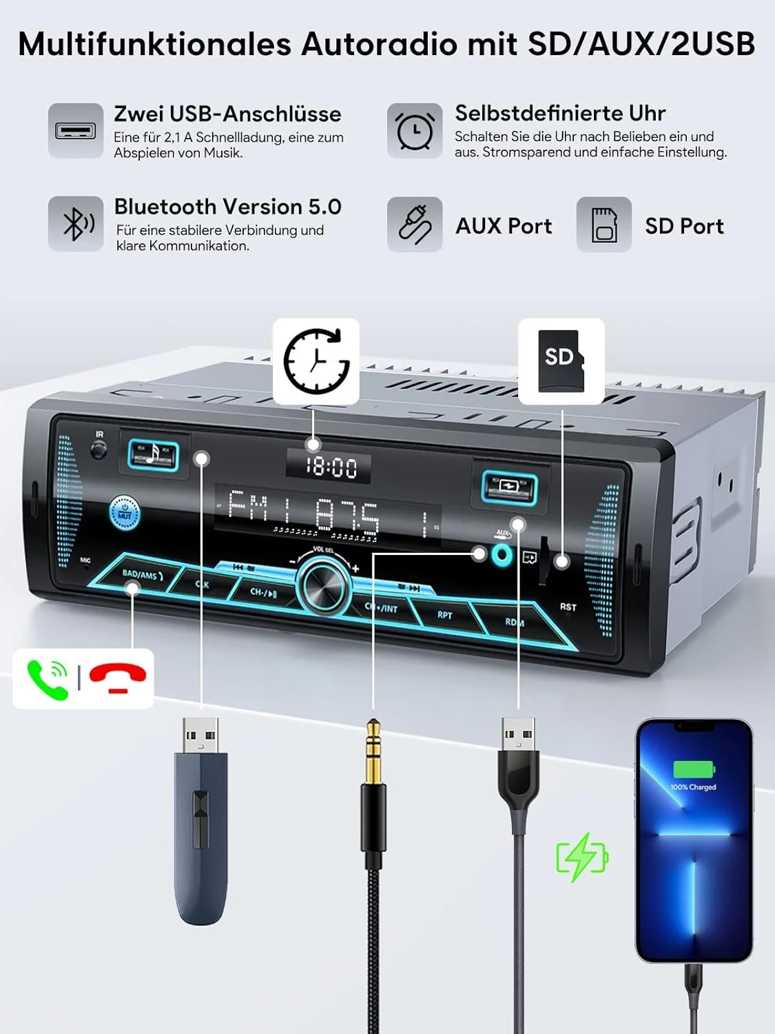 Автомагнитола Chismos R2210 / Bluetooth / FM / USB / AUX / SD slot / 1DIN, фото №6