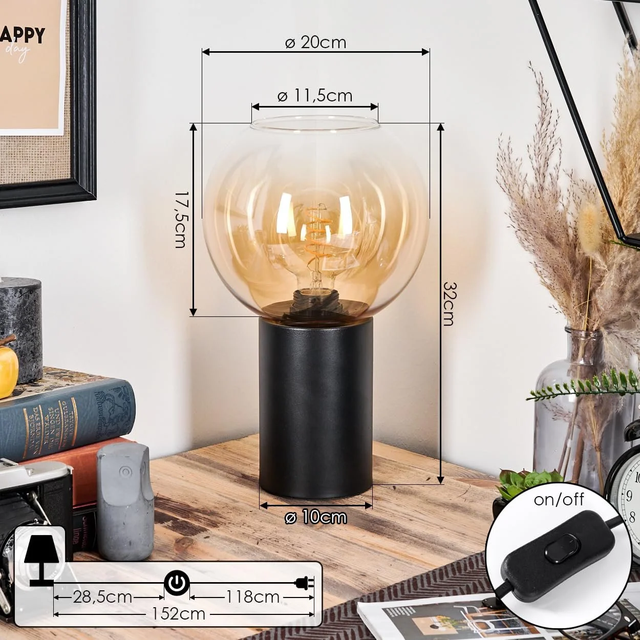 Настільна лампа HOFSTEIN Koyoto Метал/Скло E27 20 см Black/Amber/Clear, фото №4