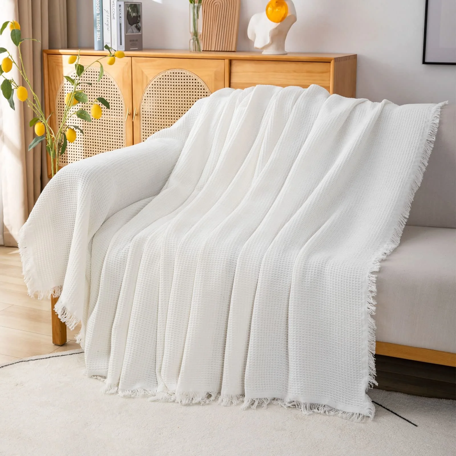 Плед на диван вафельный с кисточками Premium Reversible Белый, 180 x 300 см, фото №3