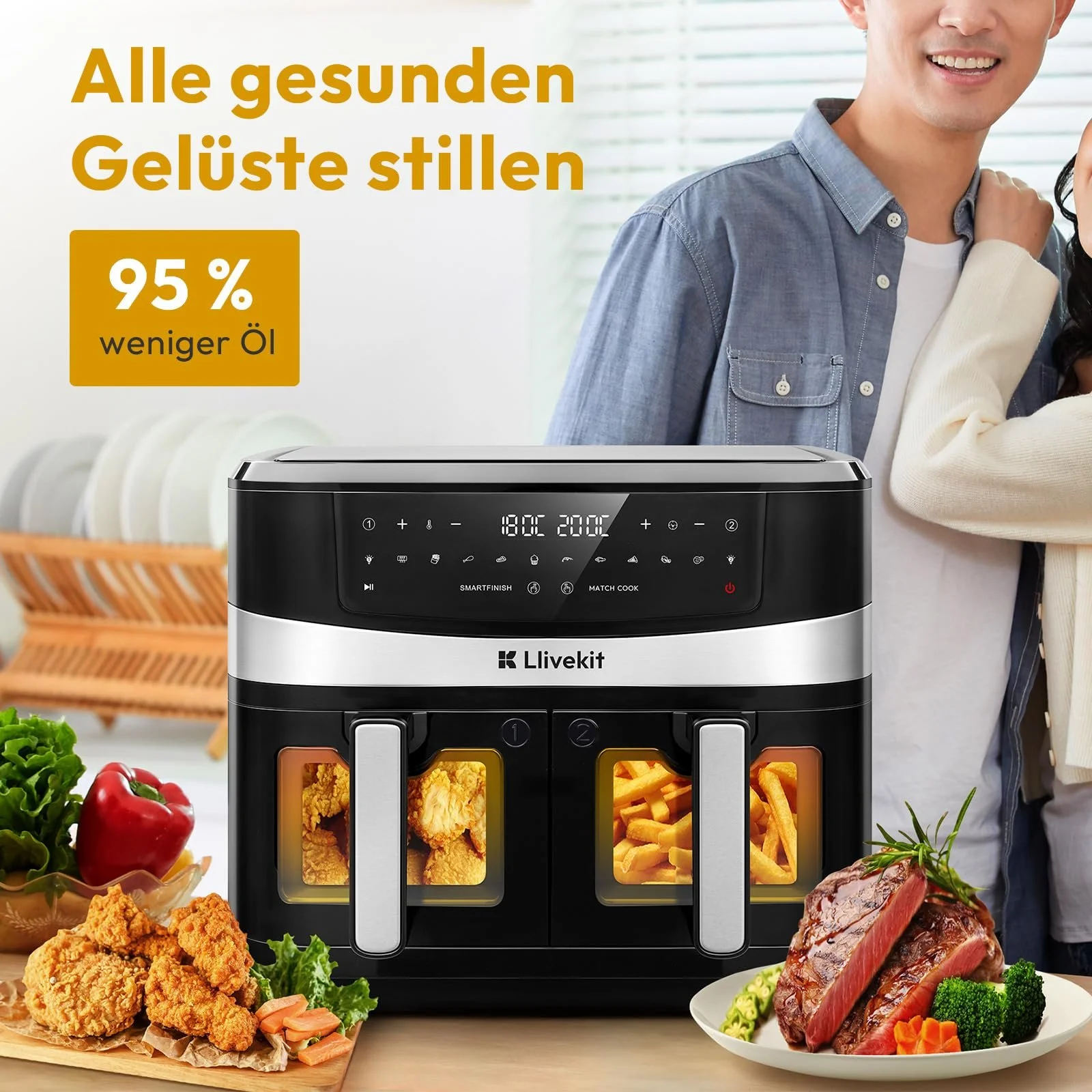Мультипечь LLIVEKIT Dual Blaze 12-в-1 2 камеры 10 л с держателем для шампуров 2800 Вт Черная, фото №5