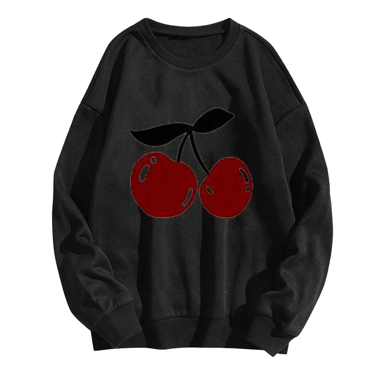 Пуловер Komiseup Oversized Y2K Лонгслив Базовый Круглый вырез Толстовка без капюшона Элегантная Однотонная Лонгшерт Модная Рубашка с вишневым принтом Хлопковая Спортивная рубашка для девушек-подростков Streetwear 02, фото №1