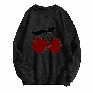 Пуловер Komiseup Oversized Y2K Лонгслив Базовый Круглый вырез Толстовка без капюшона Элегантная Однотонная Лонгшерт Модная Рубашка с вишневым принтом Хлопковая Спортивная рубашка для девушек-подростков Streetwear 02 - Фото 1