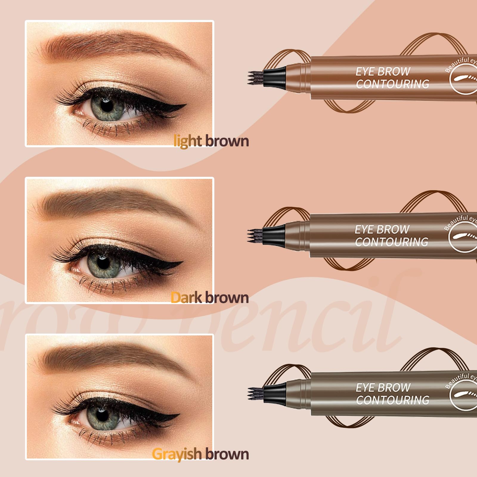 Набір 3 Олівці для брів для Малювання Волосся Водостійкий Microblading Magic 3D 4 Вилки Темно-коричневий Світло-коричневий, фото №3