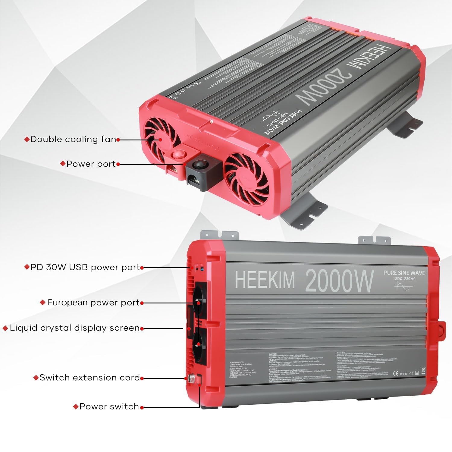 Інвертор Pure Sine Wave 12V 230V 2000W / 4000W з LCD екраном 1 Type-C і 1 USB порт для кемпера автомобіля, фото №2