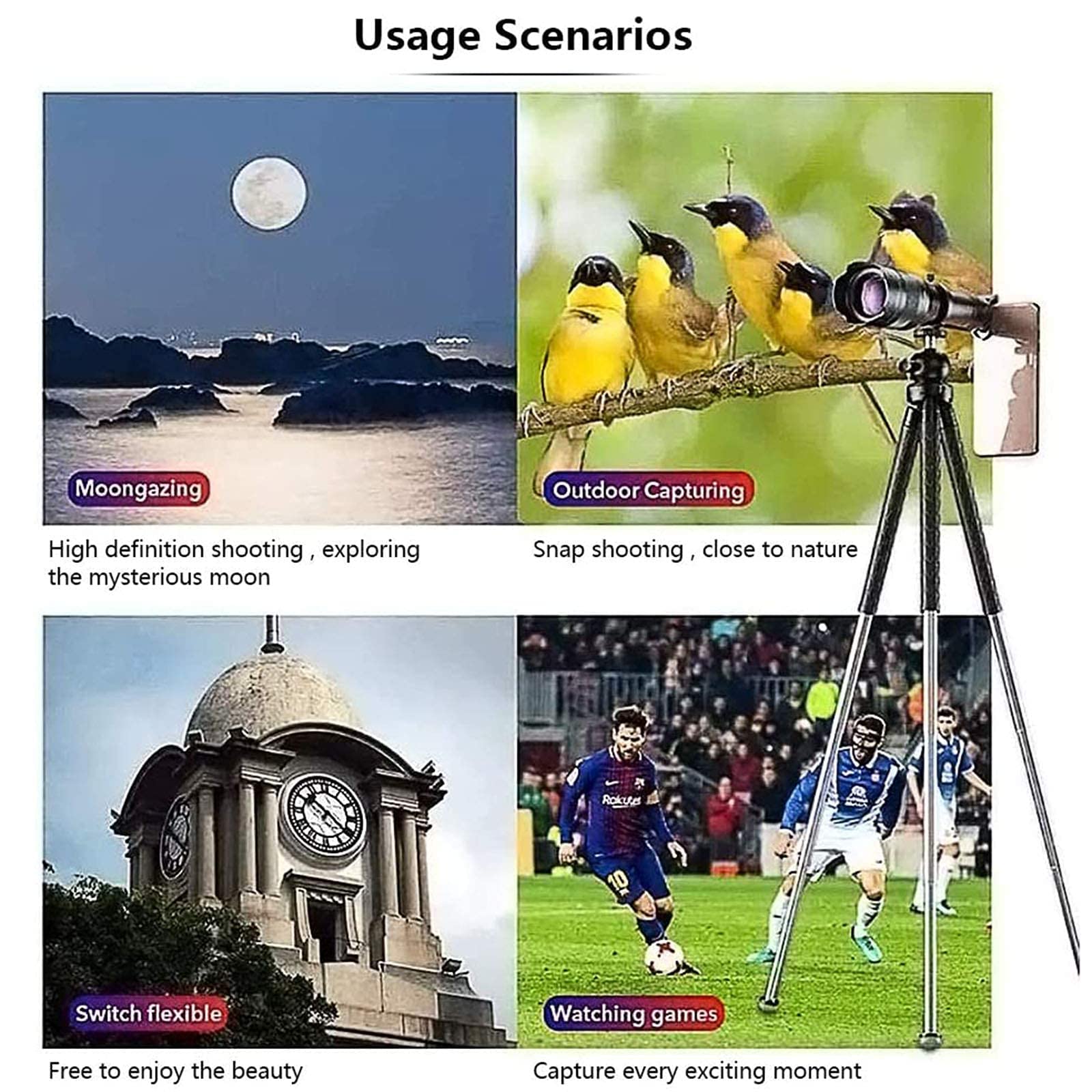 Монокуляр Super Telephoto Zoom HD Monocular 10-300x40 мм, з адаптером для смартфона, штативом, монокулярний телескоп для підняття в гори, спостереження за птахами, футбол, фото №5