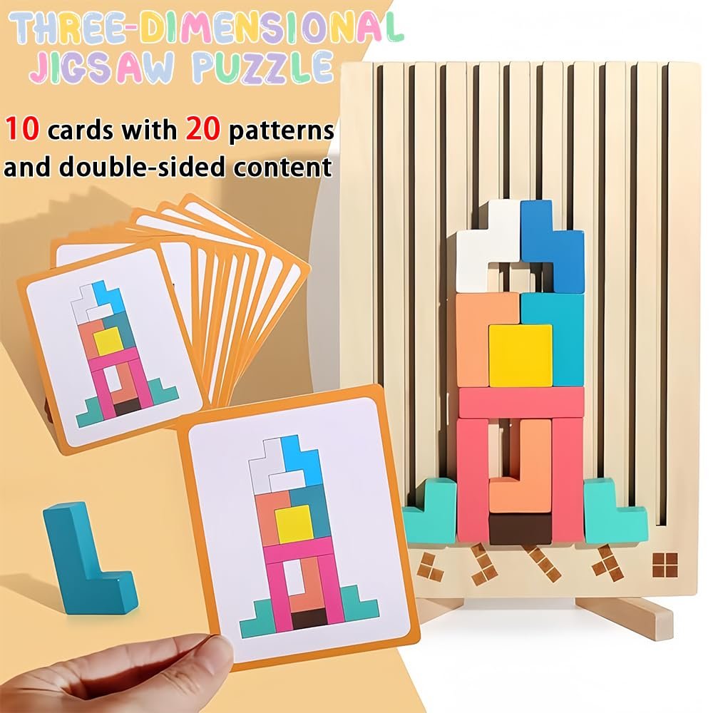 Гра Тетріс 3D Montessori Кольорова дерев'яна 42 блоки 10 карток, фото №5