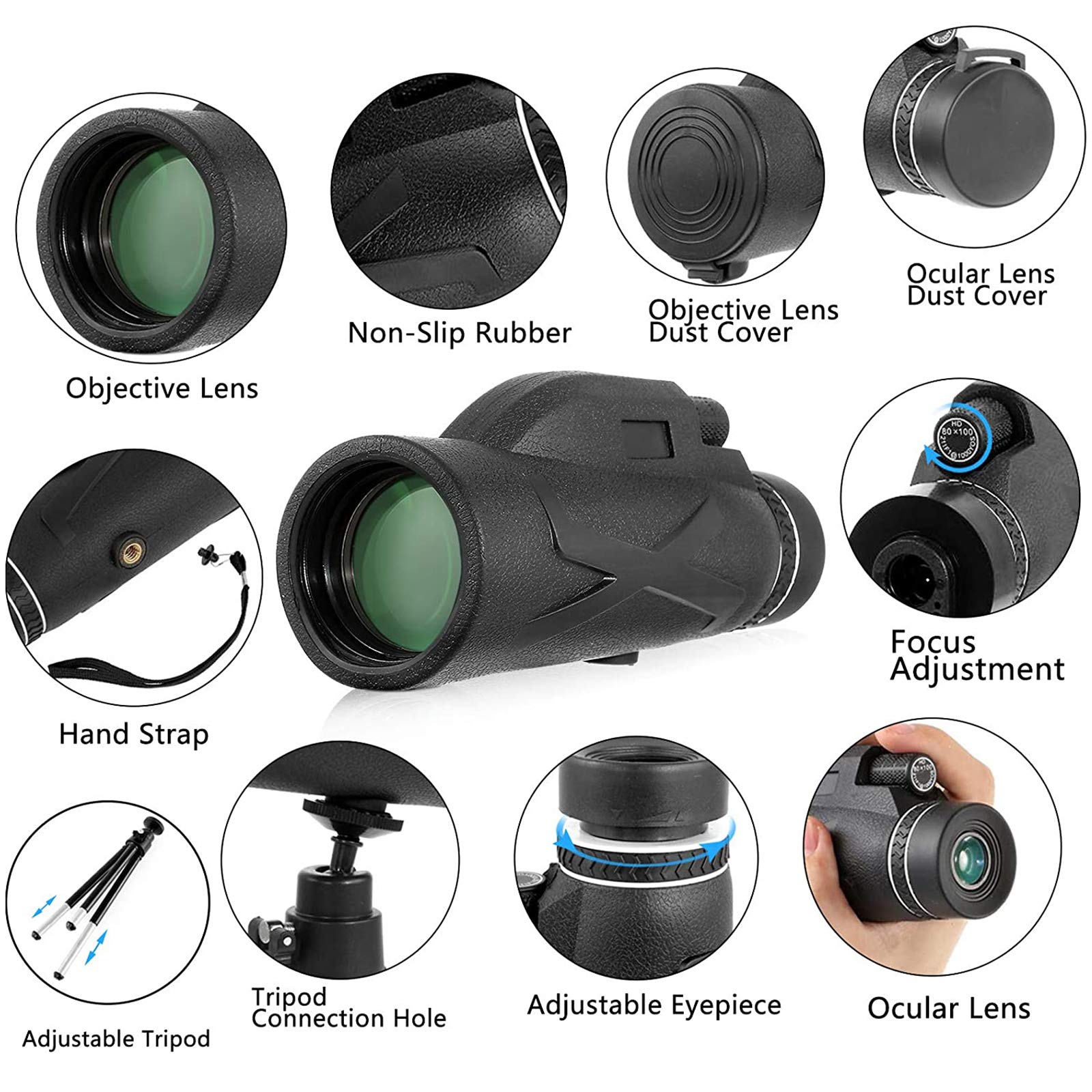 Монокуляр HJTLK 80 x 100 с держателем для телефона и штативом Черный, фото №4