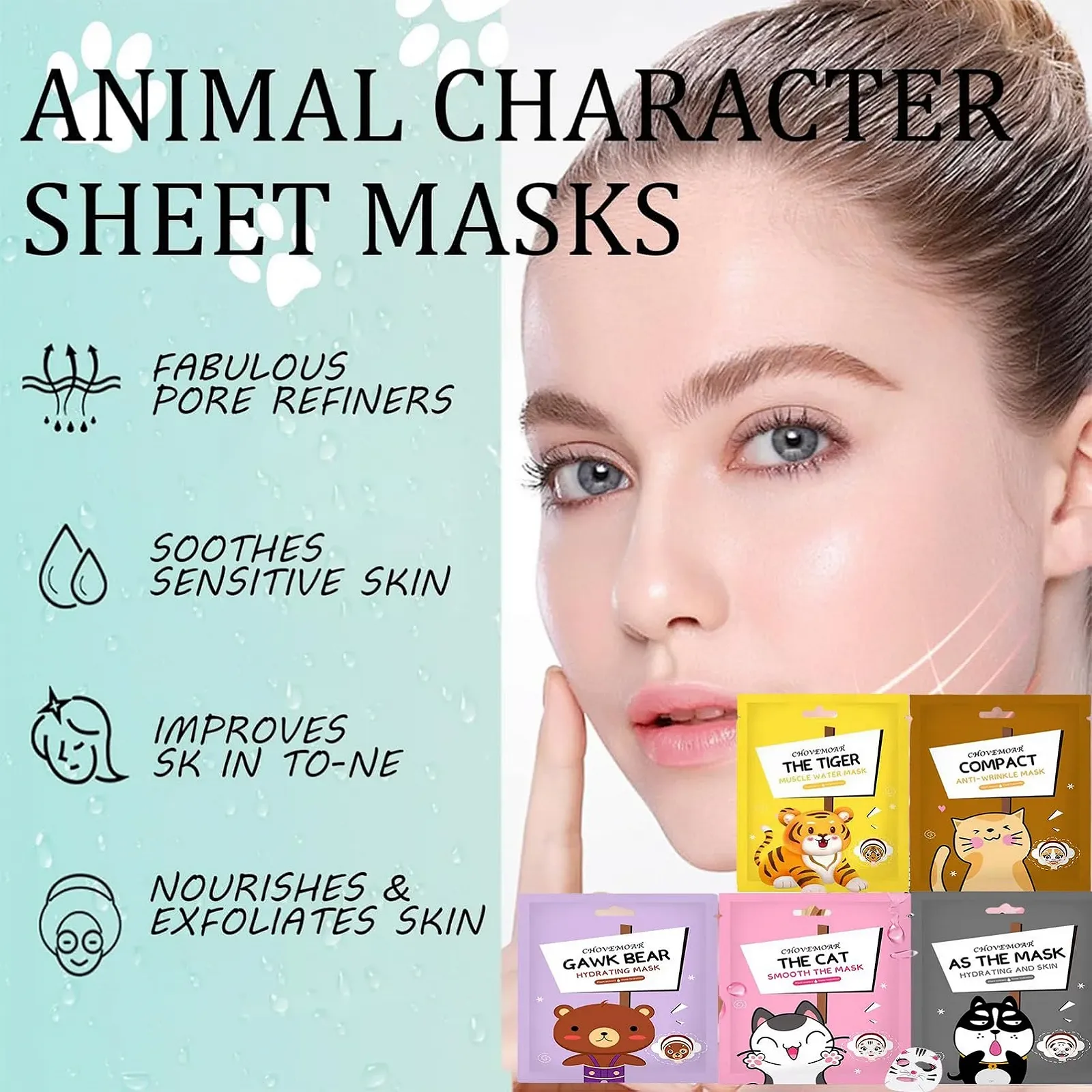 Тканинна Маска для Обличчя Набір Масок для Обличчя для Дівчат-Підлітків З Тваринами Набір з 5 штук, фото №2